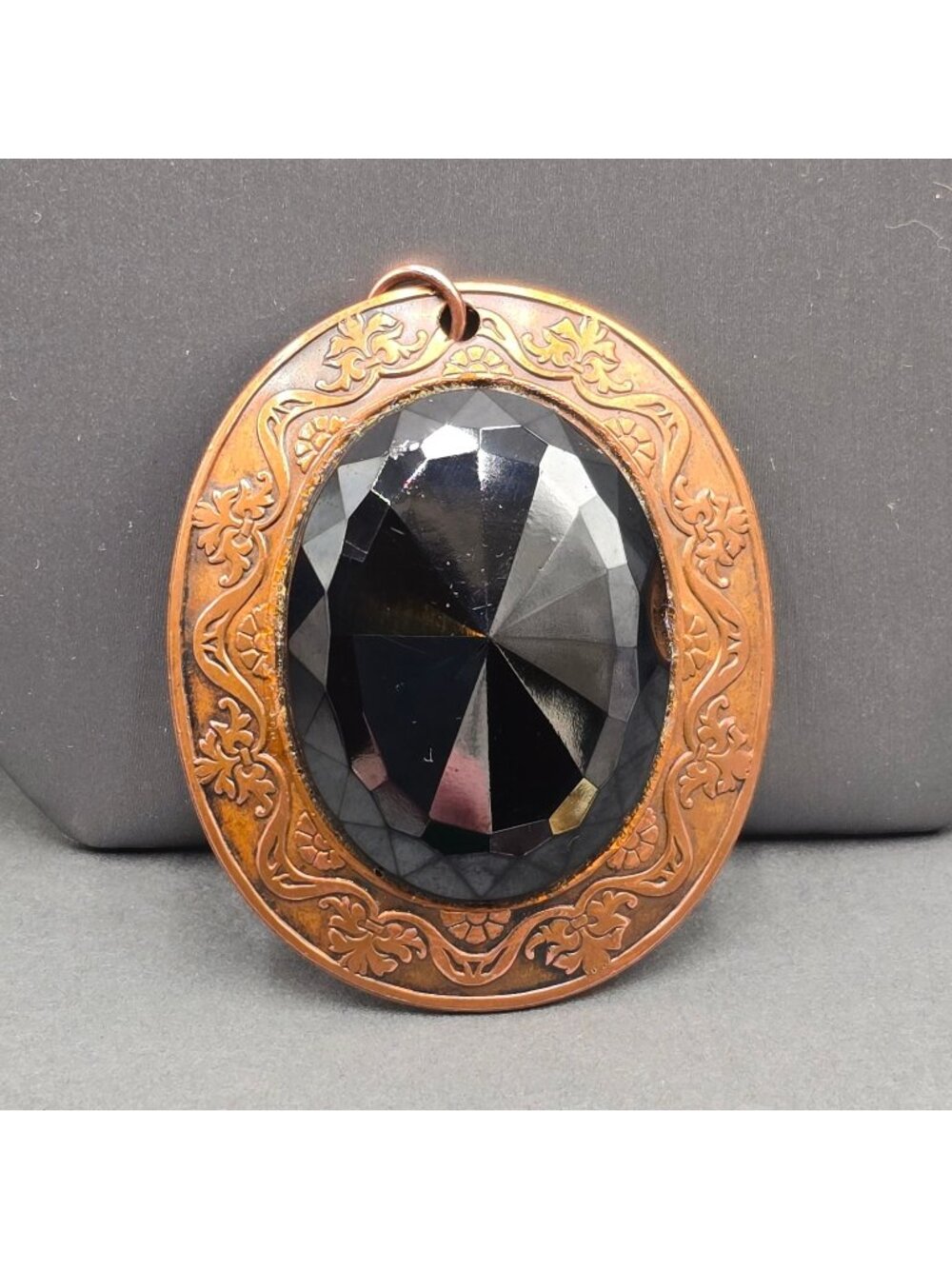 Vintage Copper Black Spinel Pendant 2.25" Faceted Ornate Scrollwork Frame